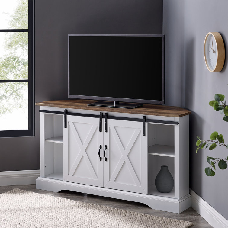 White and Brown MDF Corner TV Stand with Sliding Barn Doors