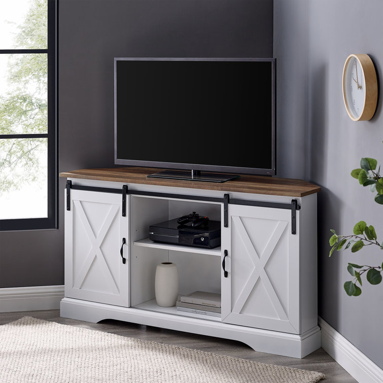 White and Brown MDF Corner TV Stand with Sliding Barn Doors