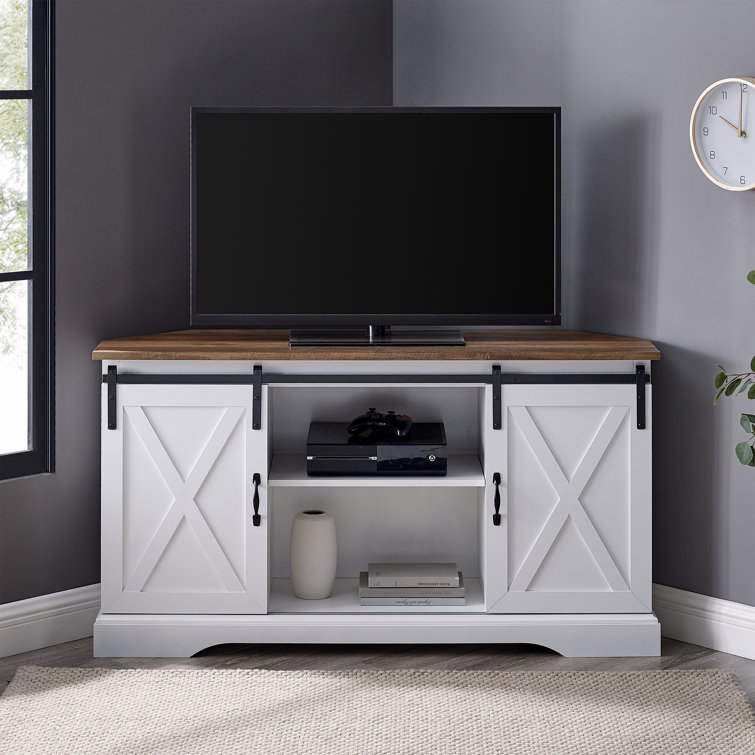 White and Brown MDF Corner TV Stand with Sliding Barn Doors