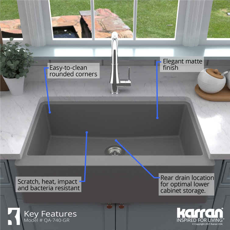 Matte Gray Quartz Composite Farmhouse Single Bowl Kitchen Sink