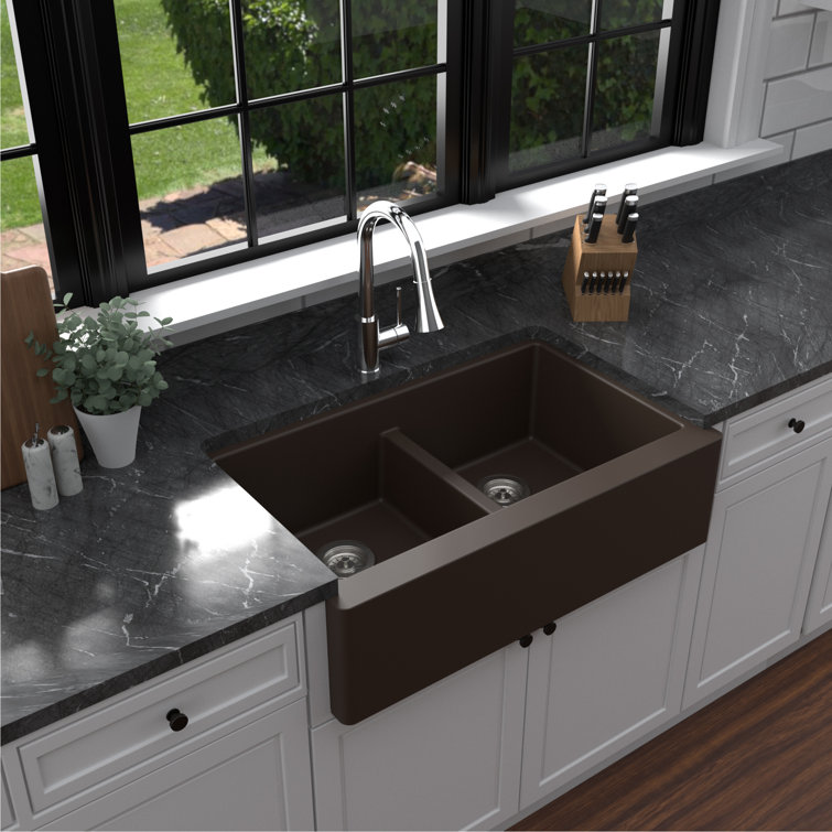 Brown Quartz Double Bowl Farmhouse Apron Front Kitchen Sink Kit