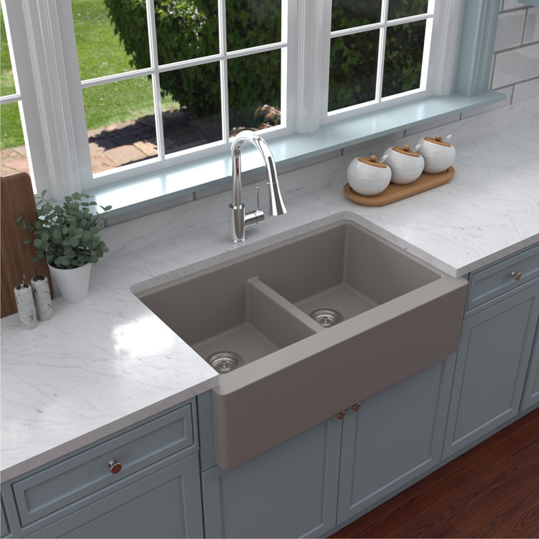 Concrete Quartz Composite Farmhouse Apron Front Double Bowl Kitchen Sink
