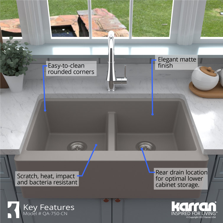 Concrete Quartz Composite Farmhouse Apron Front Double Bowl Kitchen Sink