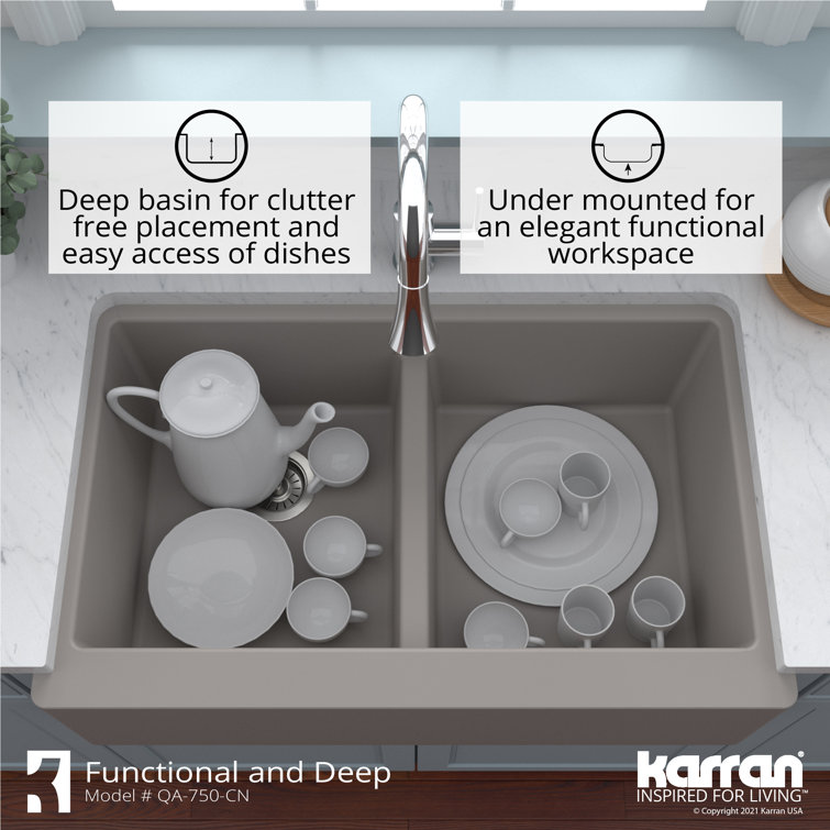 Concrete Quartz Composite Farmhouse Apron Front Double Bowl Kitchen Sink