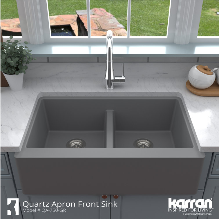 Gray Quartz Farmhouse Double Bowl Kitchen Sink, 34"