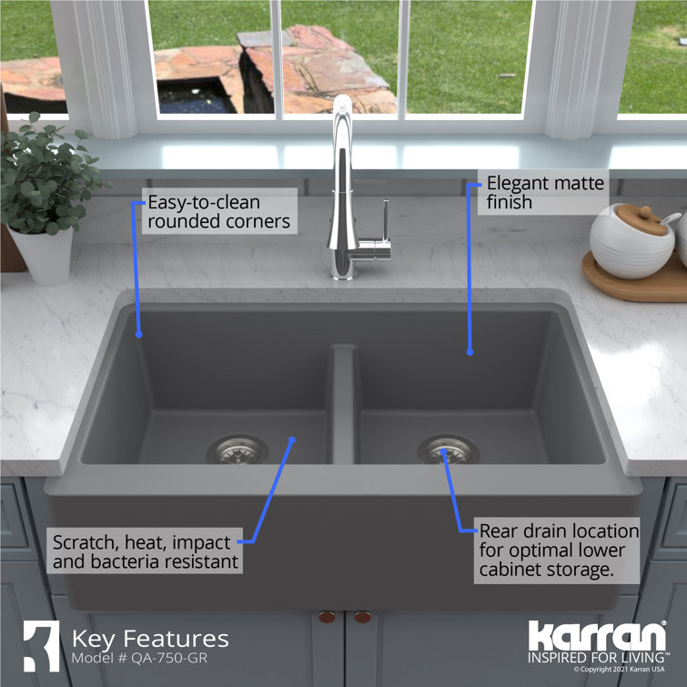 Gray Quartz Farmhouse Double Bowl Kitchen Sink, 34"