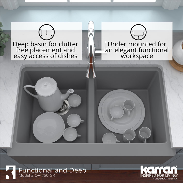 Gray Quartz Farmhouse Double Bowl Kitchen Sink, 34"