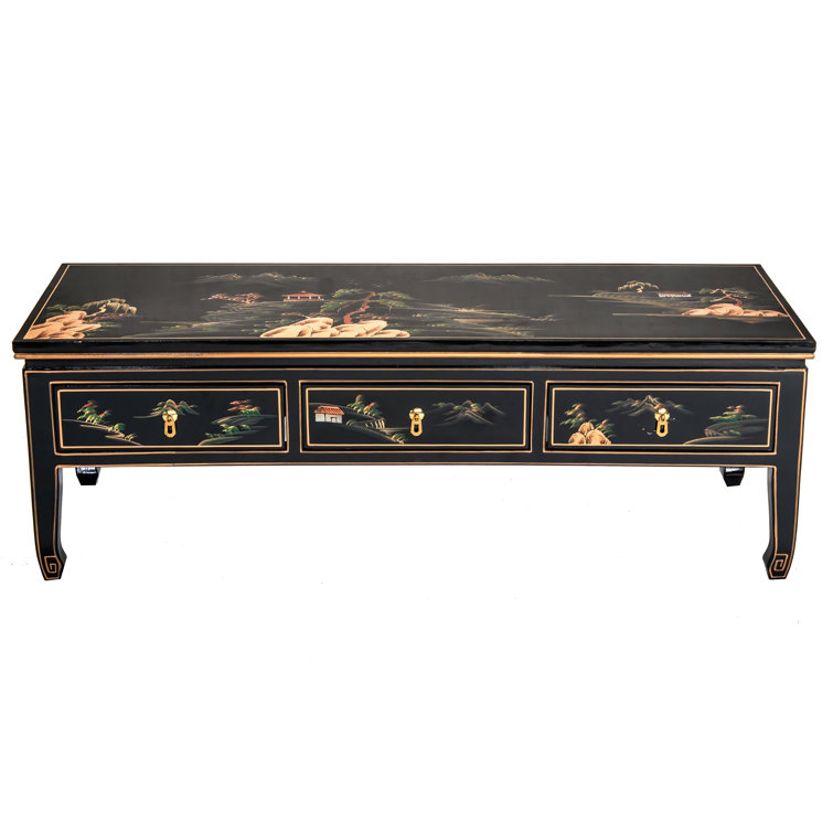 Black Lacquer Hand-Painted Landscape Coffee Table with Storage