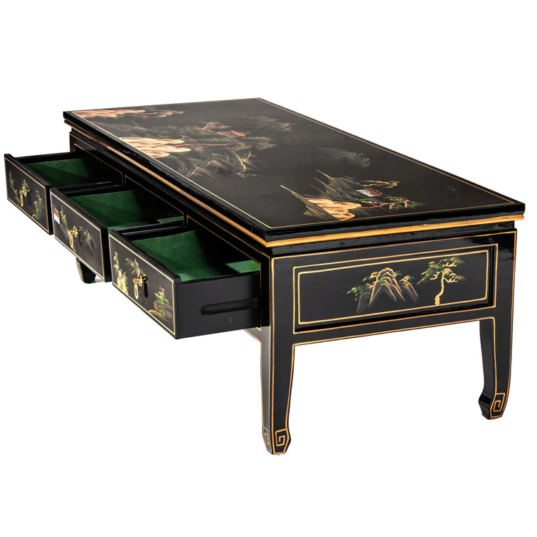 Black Lacquer Hand-Painted Landscape Coffee Table with Storage