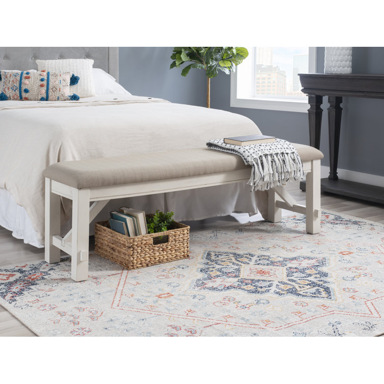 Turino 60" Smokey White and Tan Basketweave Upholstered Dining Bench