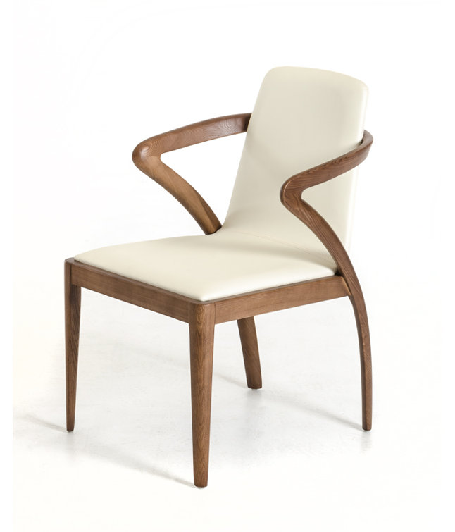Cream Faux Leather Upholstered Arm Chair with Walnut Finish