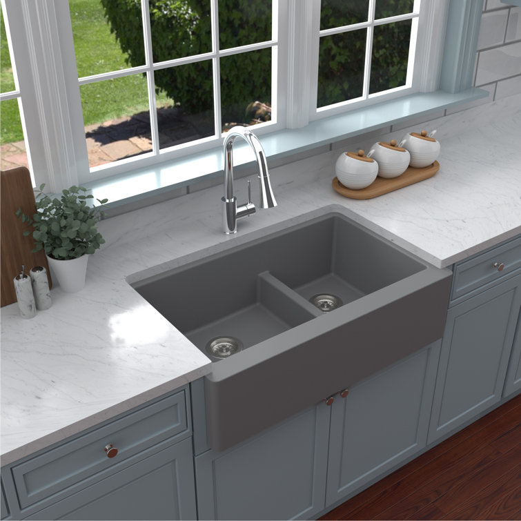 Gray Quartz Composite Farmhouse Double Bowl Kitchen Sink