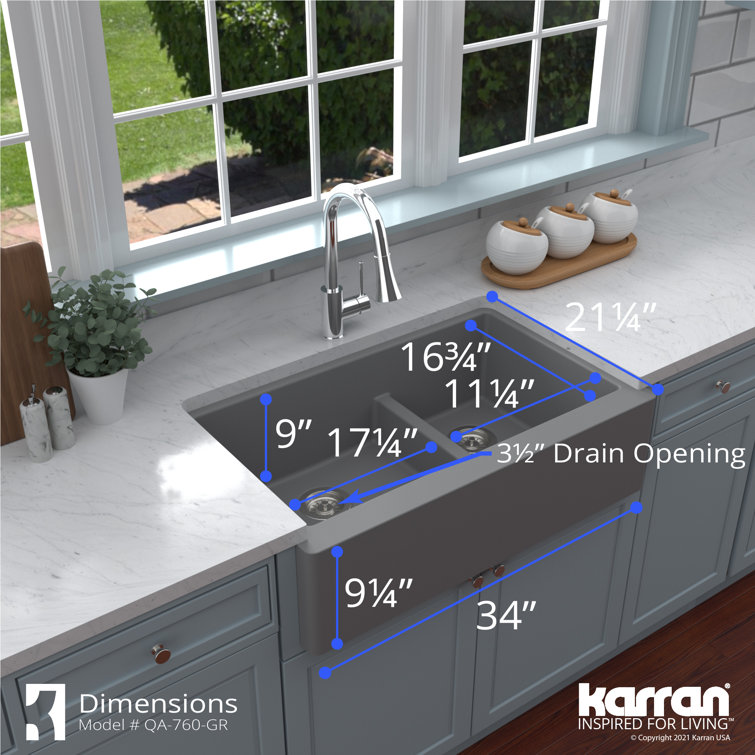 Gray Quartz 34'' Double Bowl Farmhouse Kitchen Sink Kit