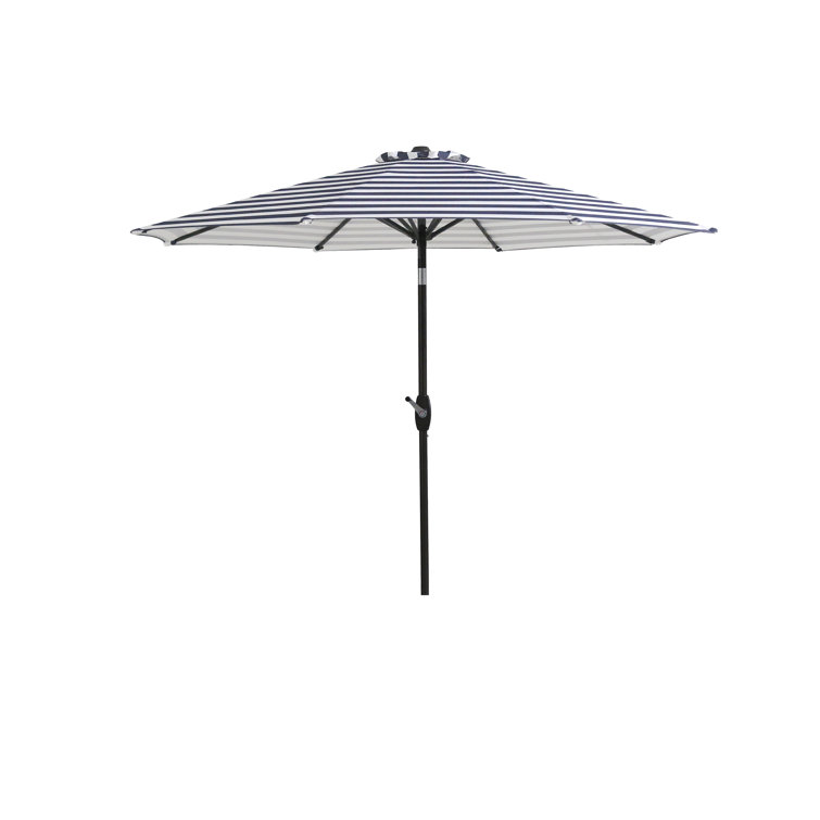 Gray and White Striped 9 Ft Steel Patio Umbrella with Tilt and Crank
