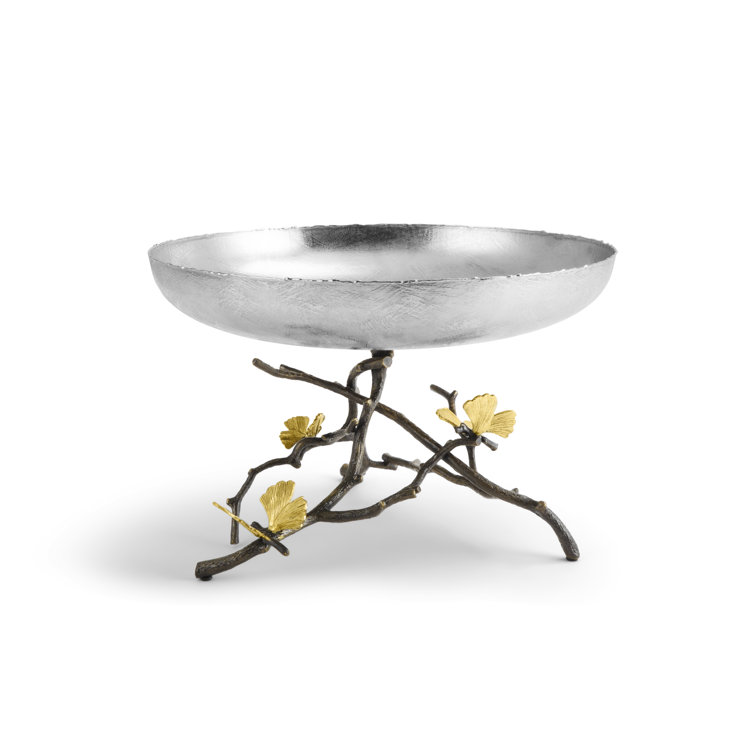 Butterfly Ginkgo Handcrafted Bronze Fruit Bowl with Pedestal Base