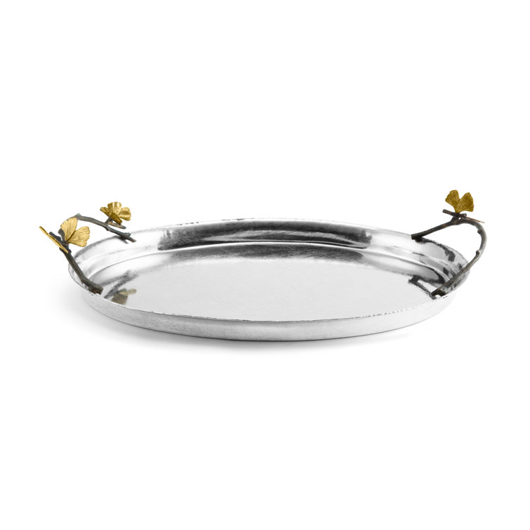 Butterfly Ginkgo Handcrafted Oval Tray in Oxidized Brass and Stainless Steel