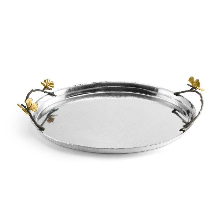 Butterfly Ginkgo Handcrafted Oval Tray in Oxidized Brass and Stainless Steel