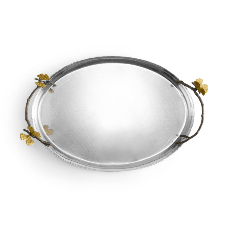 Butterfly Ginkgo Handcrafted Oval Tray in Oxidized Brass and Stainless Steel