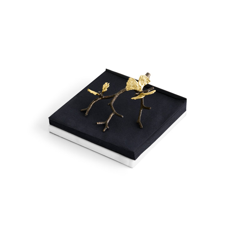 Elegant Butterfly Ginkgo 7" Marble and Brass Napkin Holder