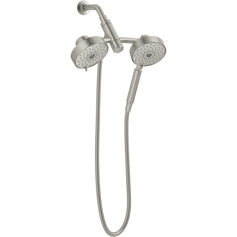 Brushed Nickel Multifunction Dual Shower Head with Metal Hose