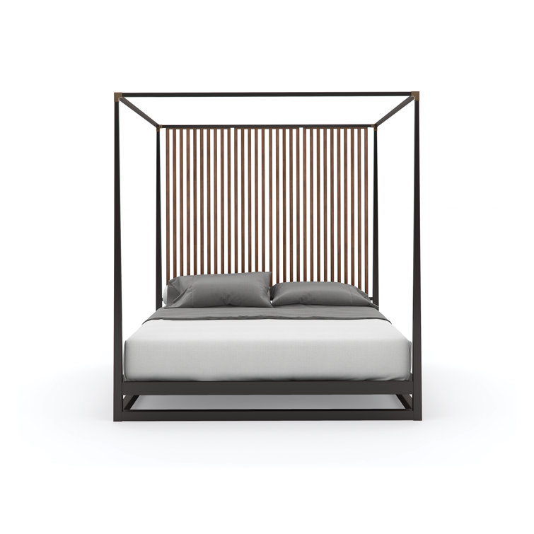 Transitional Queen Platform Canopy Bed with Upholstered Headboard