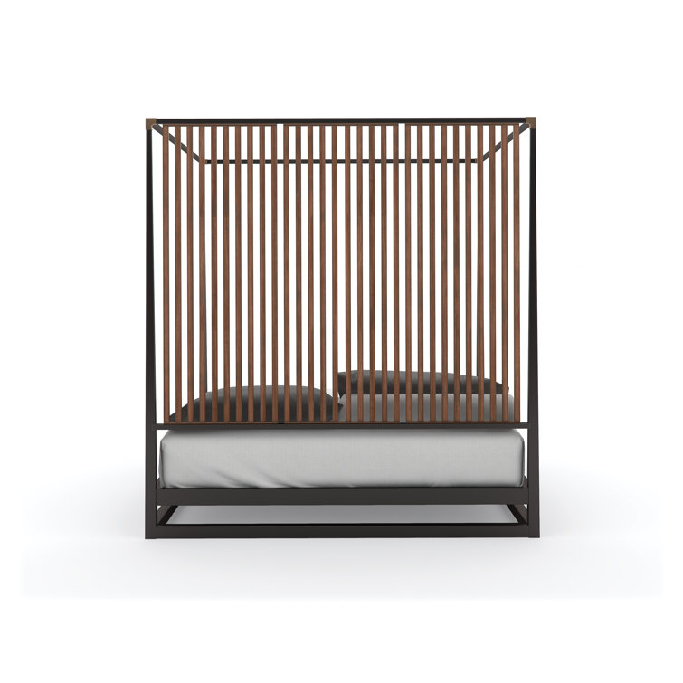 Transitional Queen Platform Canopy Bed with Upholstered Headboard