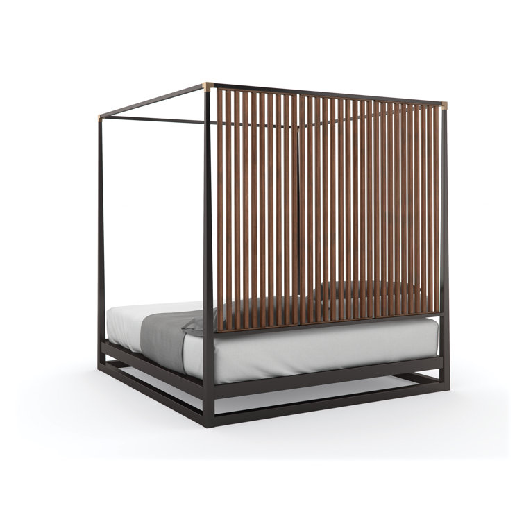 Transitional Queen Platform Canopy Bed with Upholstered Headboard
