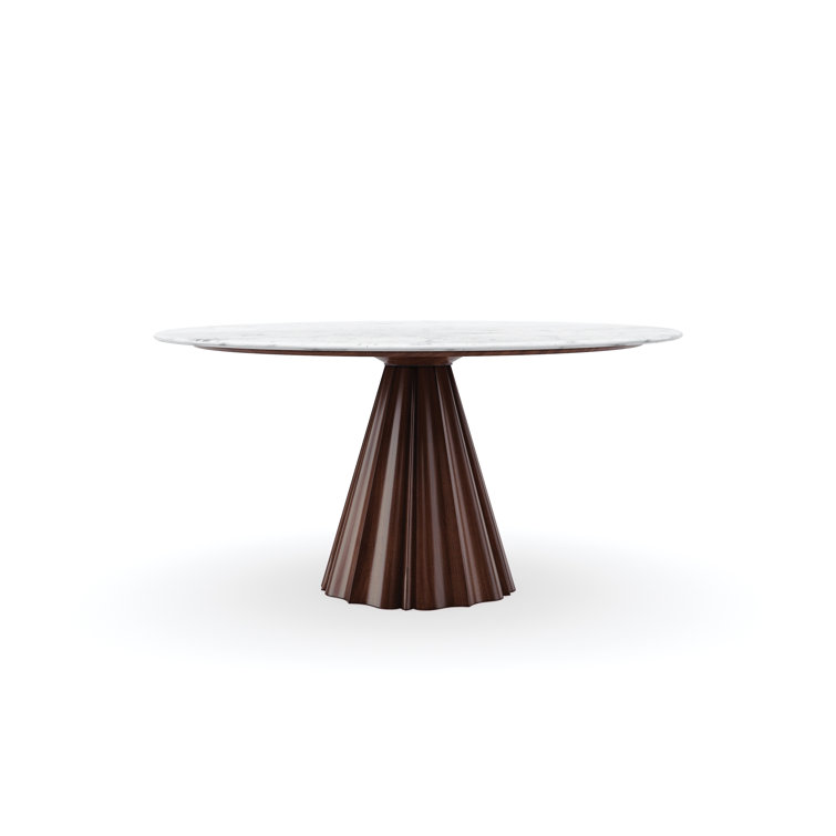Round White Marble Dining Table with Walnut Base