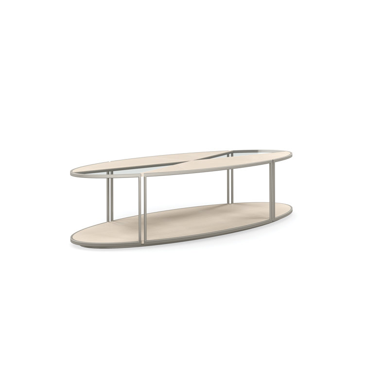 Beige and Silver Oval Wood and Metal Coffee Table