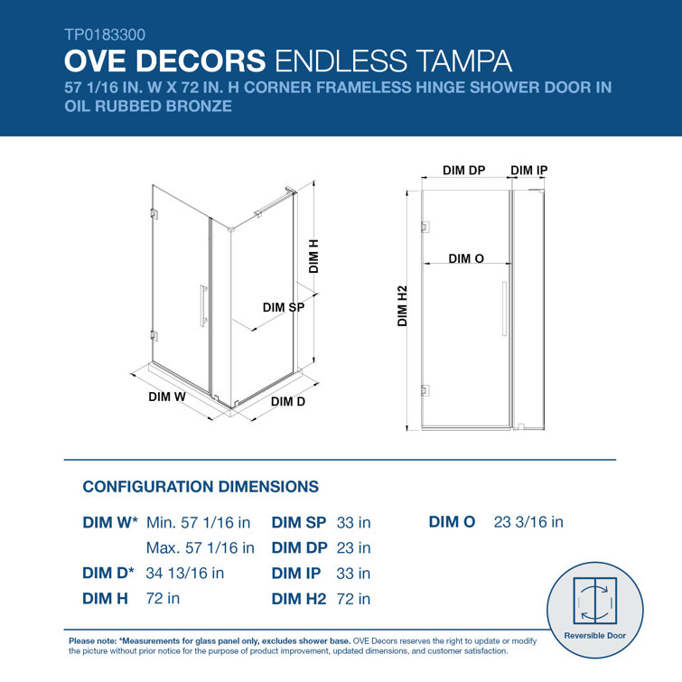 Endless 57" Oil Rubbed Bronze Frameless Corner Shower Kit with Tempered Glass Panels