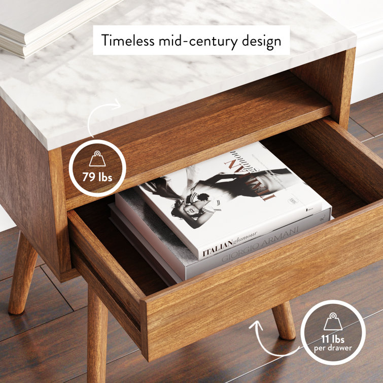 25" Walnut and Faux Marble Side Table with Storage Drawer