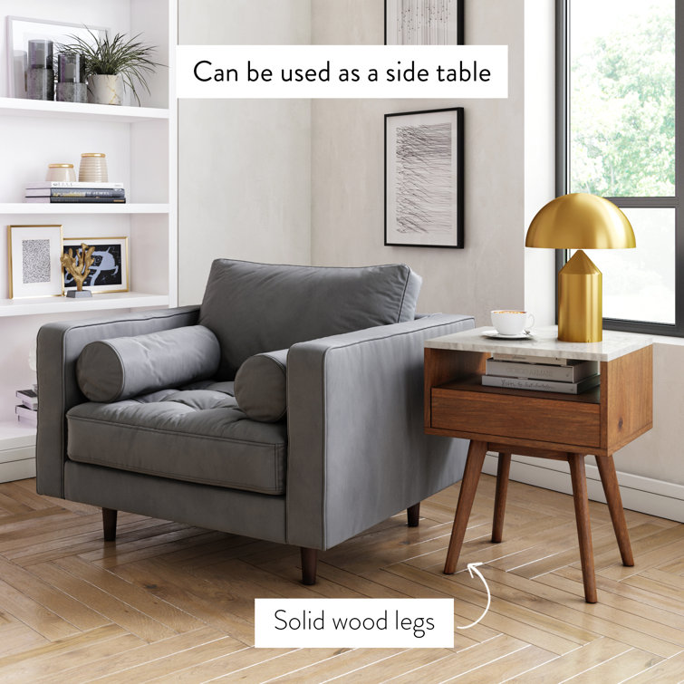 25" Walnut and Faux Marble Side Table with Storage Drawer