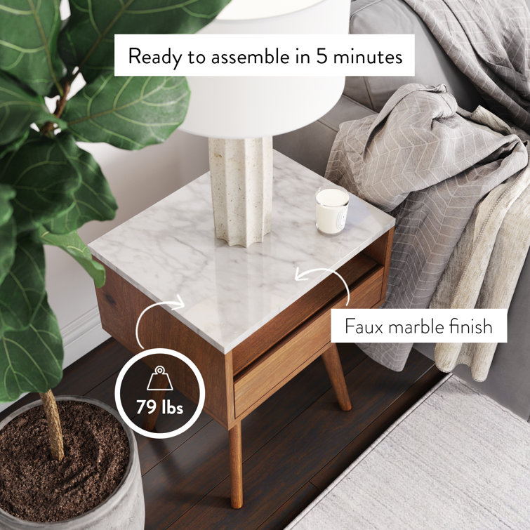25" Walnut and Faux Marble Side Table with Storage Drawer