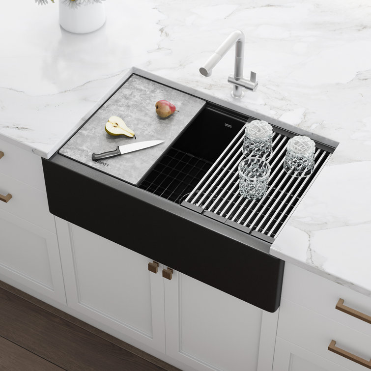 Midnight Black Granite Farmhouse Workstation Sink with Accessories