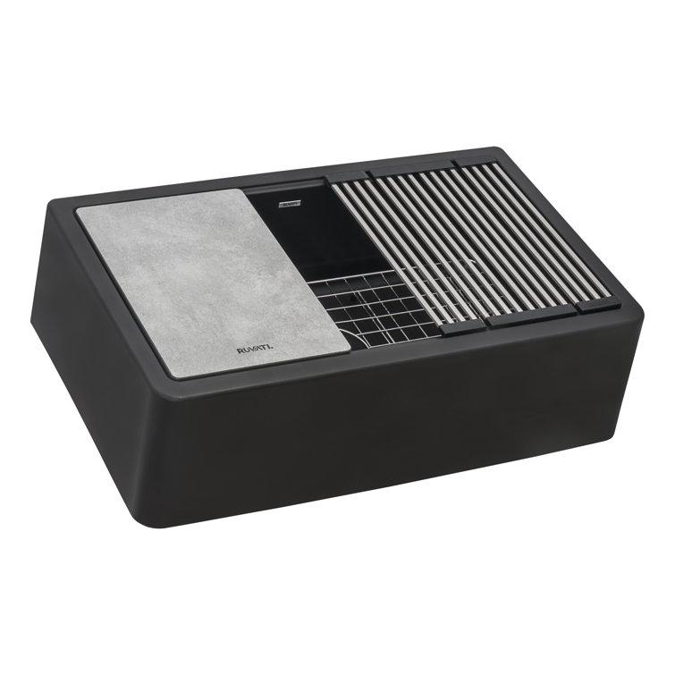 Midnight Black Granite Farmhouse Workstation Sink with Accessories