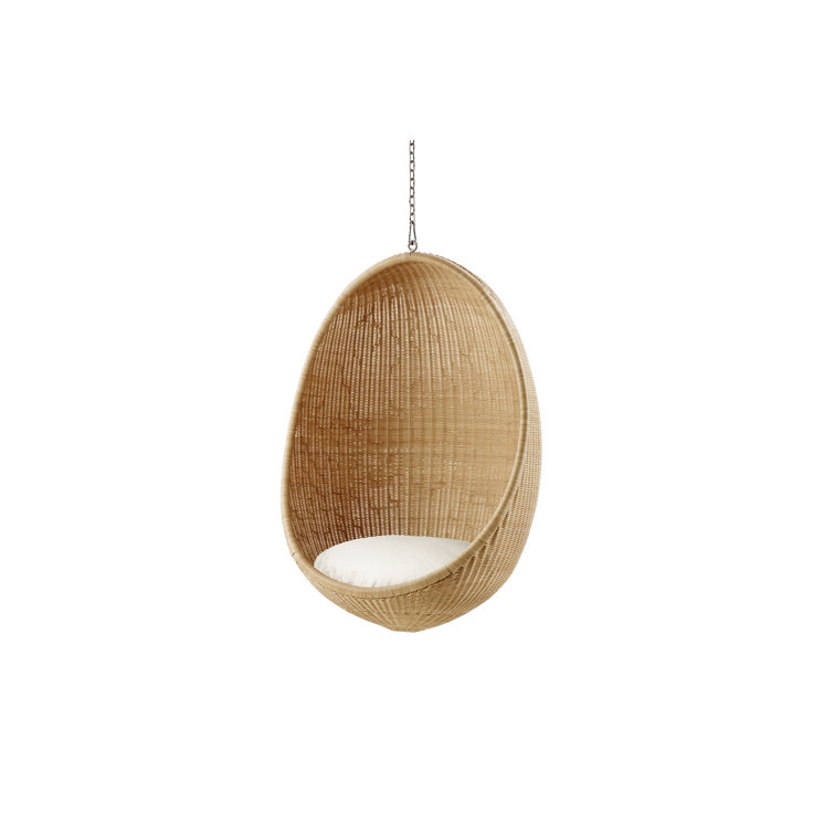 Natural Rattan Hanging Egg Chair with White Canvas Cushion