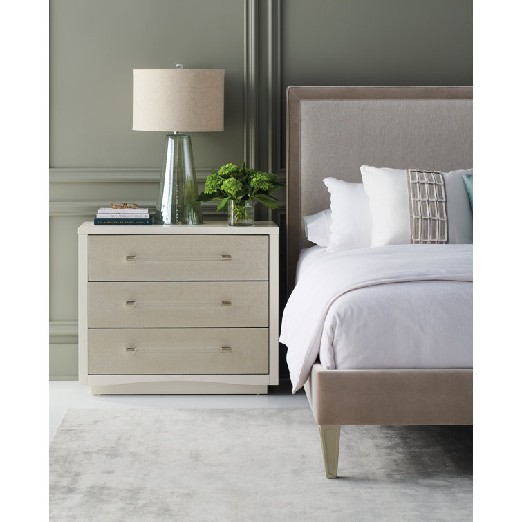 White Transitional 3-Drawer Nightstand with Raffia Fronts