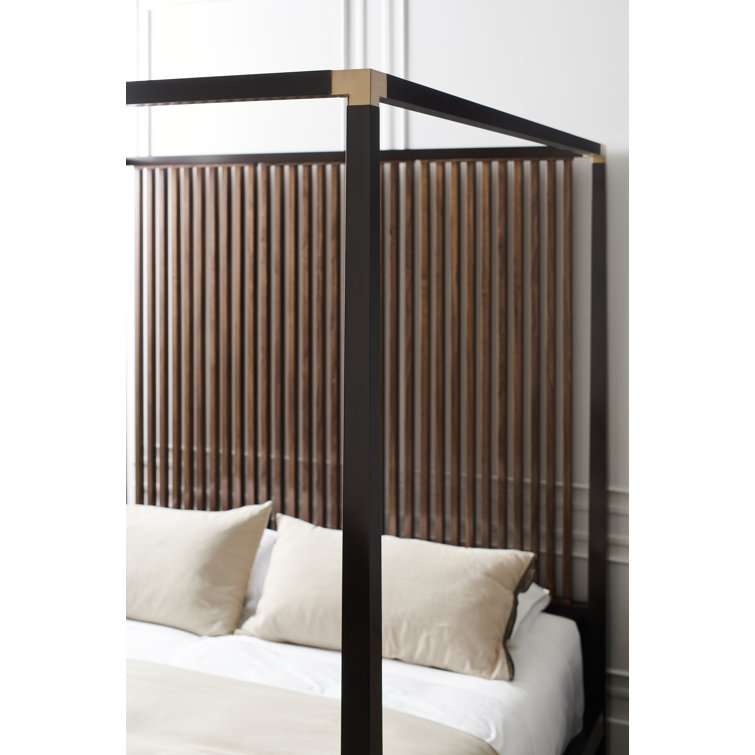 Transitional Queen Platform Canopy Bed with Upholstered Headboard