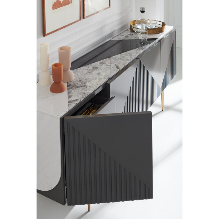Gray and White Stone Transitional Sideboard with Gold Legs