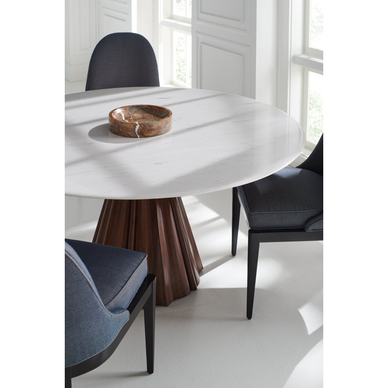 Round White Marble Dining Table with Walnut Base