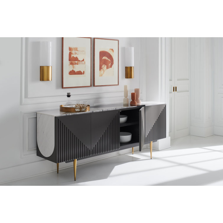 Gray and White Stone Transitional Sideboard with Gold Legs