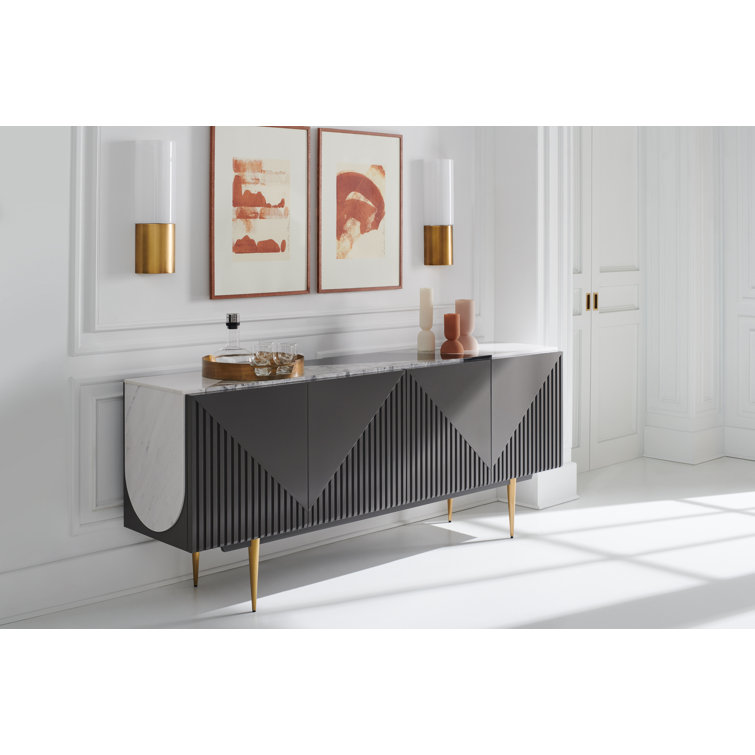 Gray and White Stone Transitional Sideboard with Gold Legs