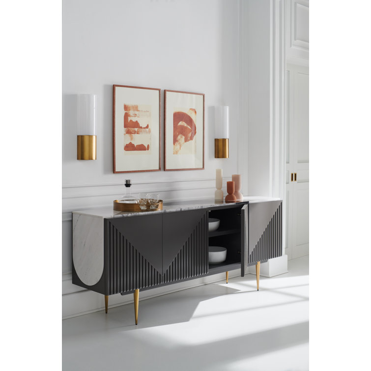 Gray and White Stone Transitional Sideboard with Gold Legs