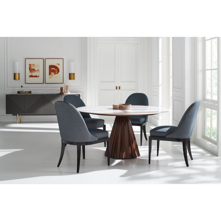 Round White Marble Dining Table with Walnut Base