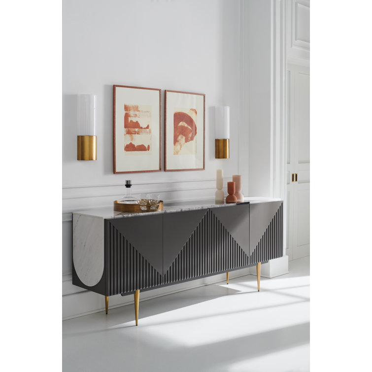 Gray and White Stone Transitional Sideboard with Gold Legs