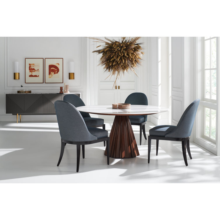 Round White Marble Dining Table with Walnut Base