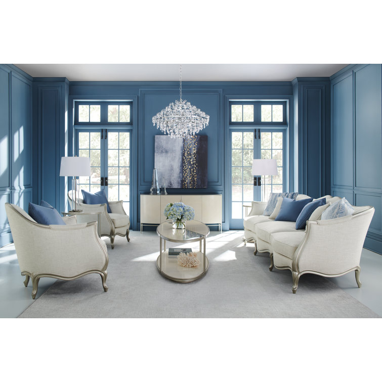 Beige and Silver Oval Wood and Metal Coffee Table