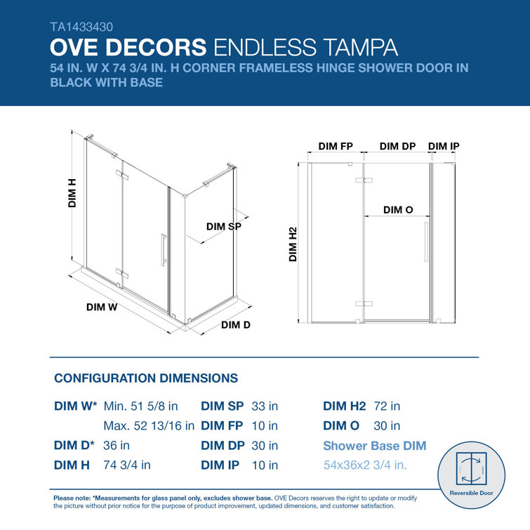 Endless Tampa 54" Oil Rubbed Bronze Frameless Shower Kit with Acrylic Base