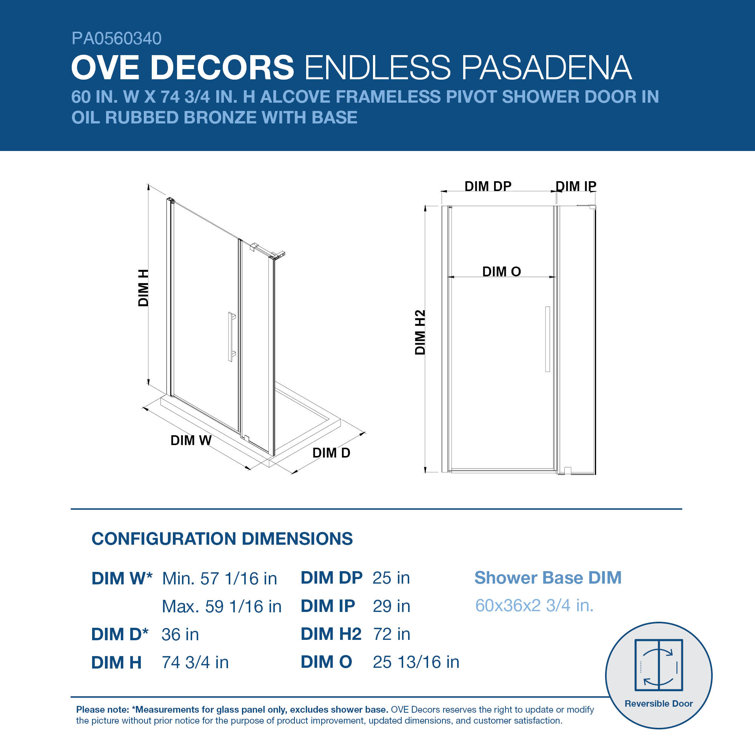 Endless Pasadena 60" x 72" Oil Rubbed Bronze Frameless Shower Kit