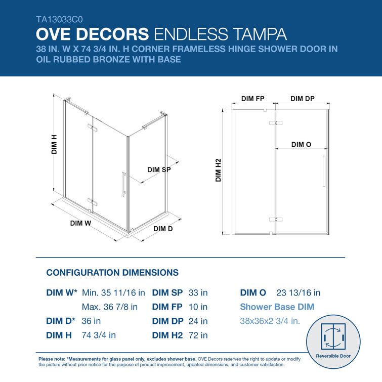 Tampa 38'' W 72'' H Frameless Oil Rubbed Bronze Shower Kit